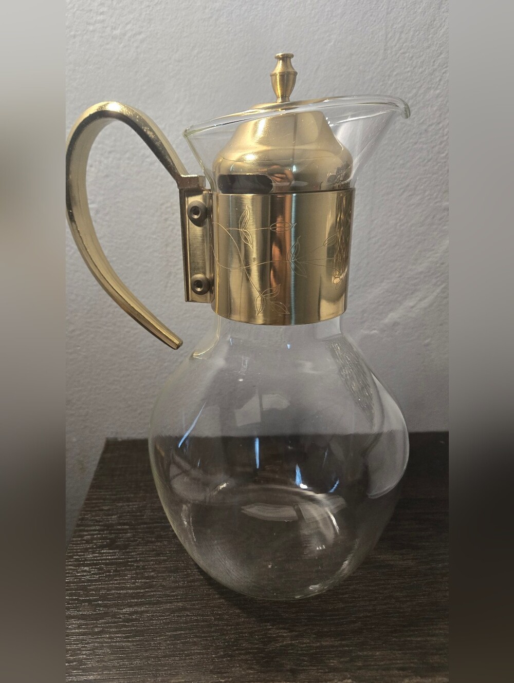 Vintage Glass Decanter Brass Wrap Handle Pitcher Carafe